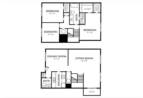 Floor plan for 3 beds, 1.5 baths, 1062 sqft